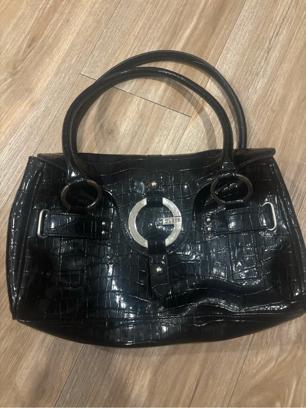 Black guess Croc-Embossed Patent Leather Satchel Bag